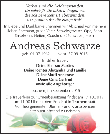 Traueranzeige von Andreas Schwarze von WVG - Wochenspiegel NMB / WSF / ZTZ