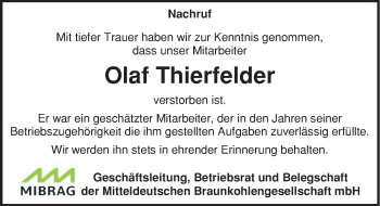 Traueranzeige von Olaf Thierfelder von Mitteldeutsche Zeitung Zeitz