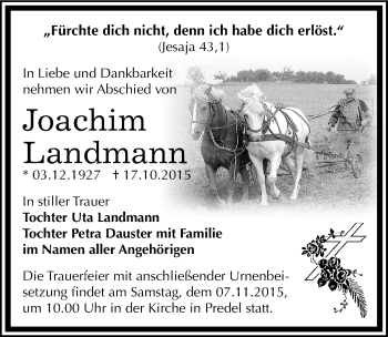 Traueranzeige von Joachim Landmann von Mitteldeutsche Zeitung Zeitz