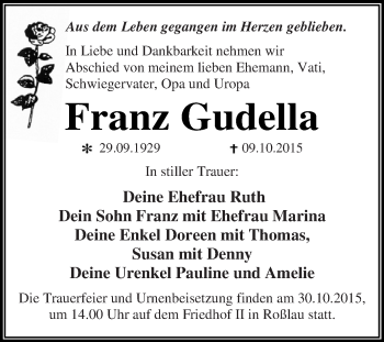 Traueranzeige von Franz Gudella von WVG - Wochenspiegel Dessau / Köthen