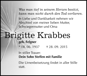 Traueranzeige von Brigitte Krabbes von Mitteldeutsche Zeitung Bitterfeld