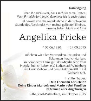 Traueranzeige von Angelika Fricke von Super Sonntag Wittenberg