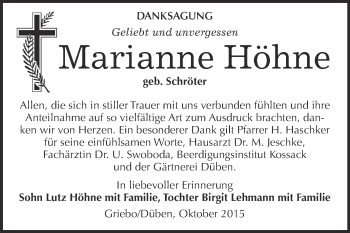 Traueranzeige von Marianne Höhne von Super Sonntag Wittenberg