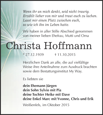 Traueranzeige von Christa Hoffmann von WVG - Wochenspiegel NMB / WSF / ZTZ