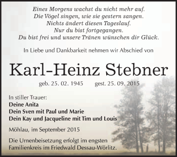 Traueranzeige von Karl-Heinz Stebner von WVG - Wochenspiegel Wittenberg