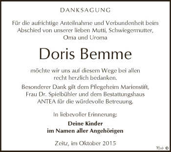 Traueranzeige von Doris Bemme von Super Sonntag Zeitz