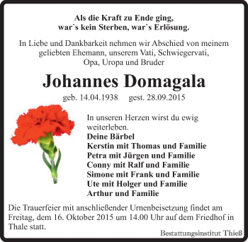 Traueranzeige von Johannes Domagala von Mitteldeutsche Zeitung Quedlinburg