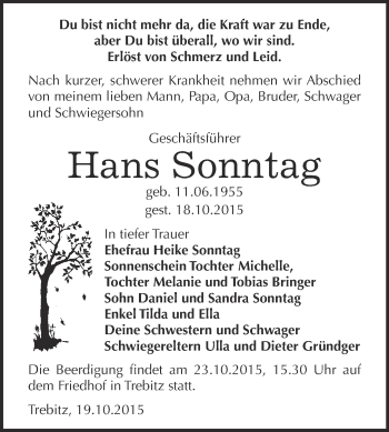 Traueranzeige von Hans Sonntag von Super Sonntag Bernburg