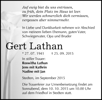 Traueranzeige von Gert Lathan von Mitteldeutsche Zeitung Mansfelder Land