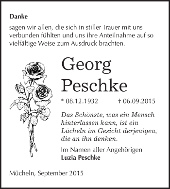 Traueranzeige von Georg Peschke von WVG - Wochenspiegel Merseburg