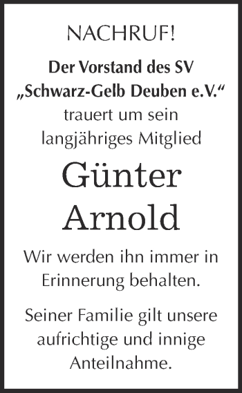 Traueranzeige von Günter Arnold von WVG - Wochenspiegel NMB / WSF / ZTZ
