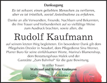Traueranzeige von Rudolf Kaufmann von WVG - Wochenspiegel Quedlinburg