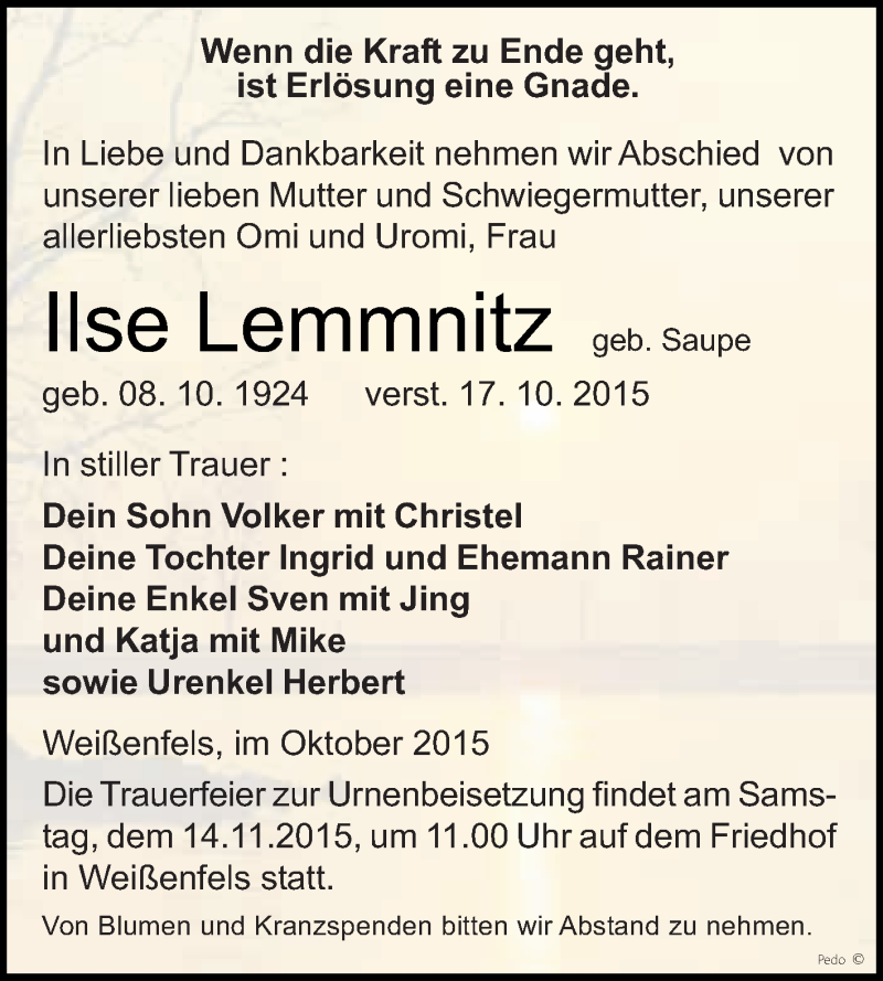  Traueranzeige für Ilse Lemmnitz vom 28.10.2015 aus WVG - Wochenspiegel NMB / WSF / ZTZ