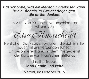 Traueranzeige von Elsa Knorscheidt von Super Sonntag Bernburg
