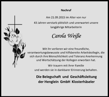 Traueranzeige von Carola Weiße von WVG - Wochenspiegel NMB / WSF / ZTZ