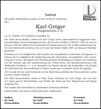 Traueranzeige von Karl Gröger von Mitteldeutsche Zeitung Dessau-Roßlau