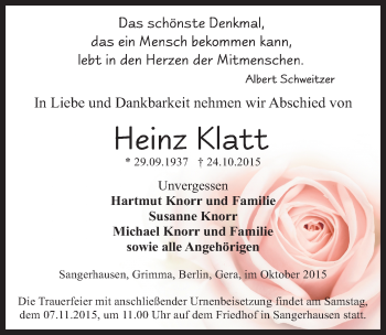 Traueranzeige von Heinz Klatt von Mitteldeutsche Zeitung Sangerhausen