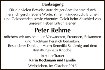 Traueranzeige von Peter Rehme von Super Sonntag Aschersleben