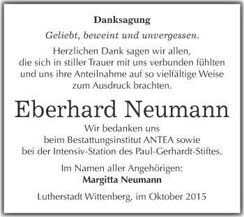 Traueranzeige von Eberhard Neumann von Super Sonntag Wittenberg