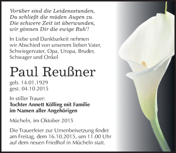 Traueranzeige von Paul Reußner von Mitteldeutsche Zeitung Merseburg/Querfurt