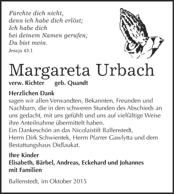 Traueranzeige von Margareta Urbach von WVG - Wochenspiegel Quedlinburg