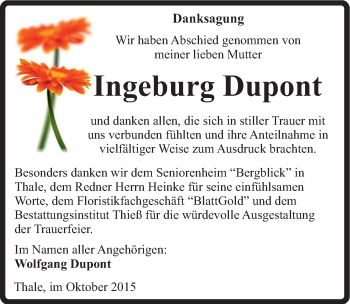 Traueranzeige von Ingeburg Dupont von Mitteldeutsche Zeitung Quedlinburg