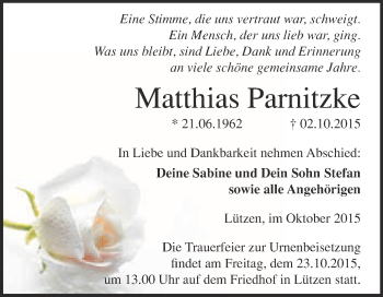 Traueranzeige von Matthias Parnitzke von WVG - Wochenspiegel Merseburg