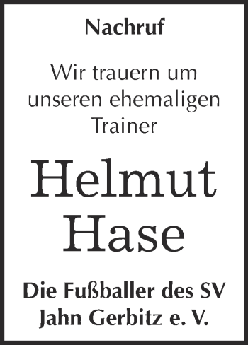 Traueranzeige von Helmut Hase von Super Sonntag Bernburg