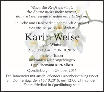 Traueranzeige von Karin Weise von WVG - Wochenspiegel Quedlinburg