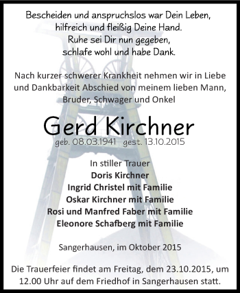 Traueranzeige von Gerd Kirchner von Super Sonntag SGH Mansf. Land