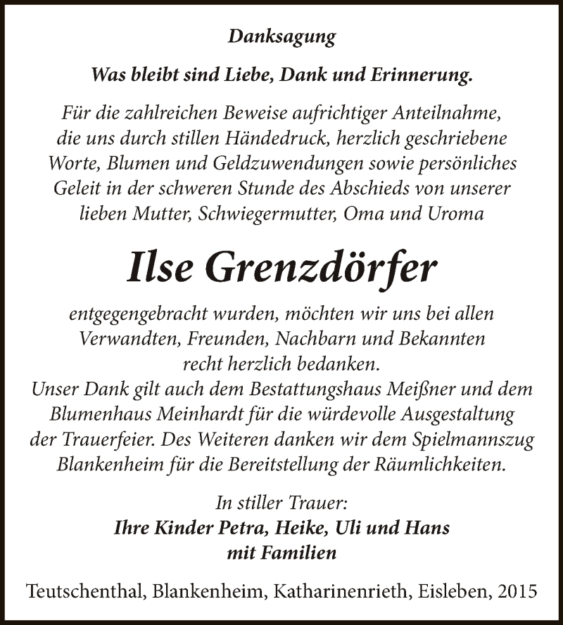  Traueranzeige für Ilse Grenzdörfer vom 17.10.2015 aus Super Sonntag SGH Mansf. Land