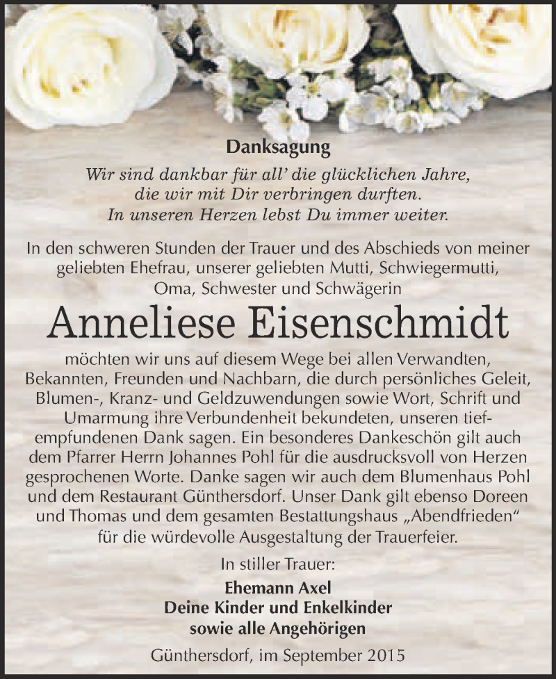  Traueranzeige für Anneliese Eisenschmidt vom 03.10.2015 aus WVG - Wochenspiegel Merseburg