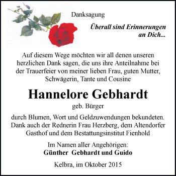 Traueranzeige von Hannelore Gebhardt von Super Sonntag SGH Mansf. Land