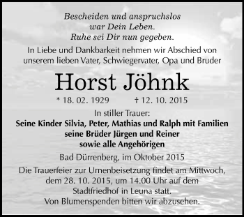 Traueranzeige von Horst Jöhnk von WVG - Wochenspiegel Merseburg