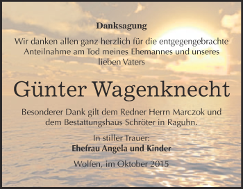 Traueranzeige von Günter Wagenknecht von WVG - Wochenspiegel Bitterfeld