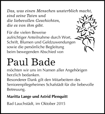 Traueranzeige von Paul Bade von Mitteldeutsche Zeitung Merseburg/Querfurt