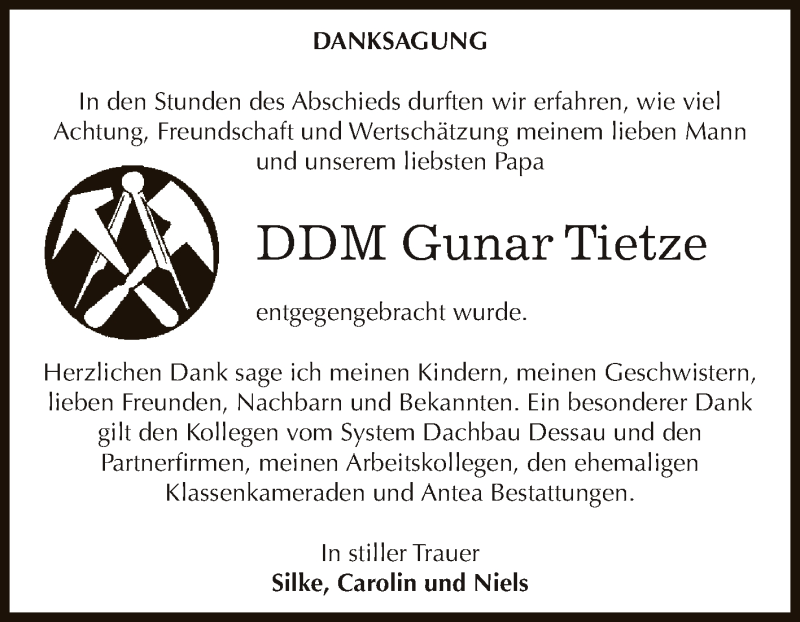  Traueranzeige für Gunar Tietze vom 31.10.2015 aus WVG - Wochenspiegel Dessau / Köthen