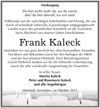 Traueranzeige von Frank Kaleck von Mitteldeutsche Zeitung Mansfelder Land