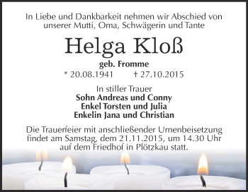 Traueranzeige von Helga Kloß von Super Sonntag Bernburg