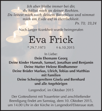 Traueranzeige von Eva Frick von Mitteldeutsche Zeitung Zeitz