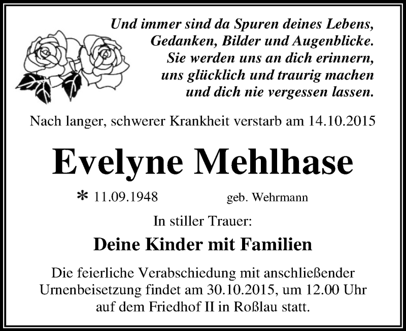  Traueranzeige für Evelyne Mehlhase vom 24.10.2015 aus Mitteldeutsche Zeitung Dessau-Roßlau