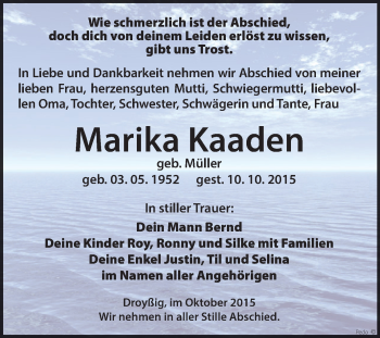 Traueranzeige von Marika Kaaden von Super Sonntag Zeitz