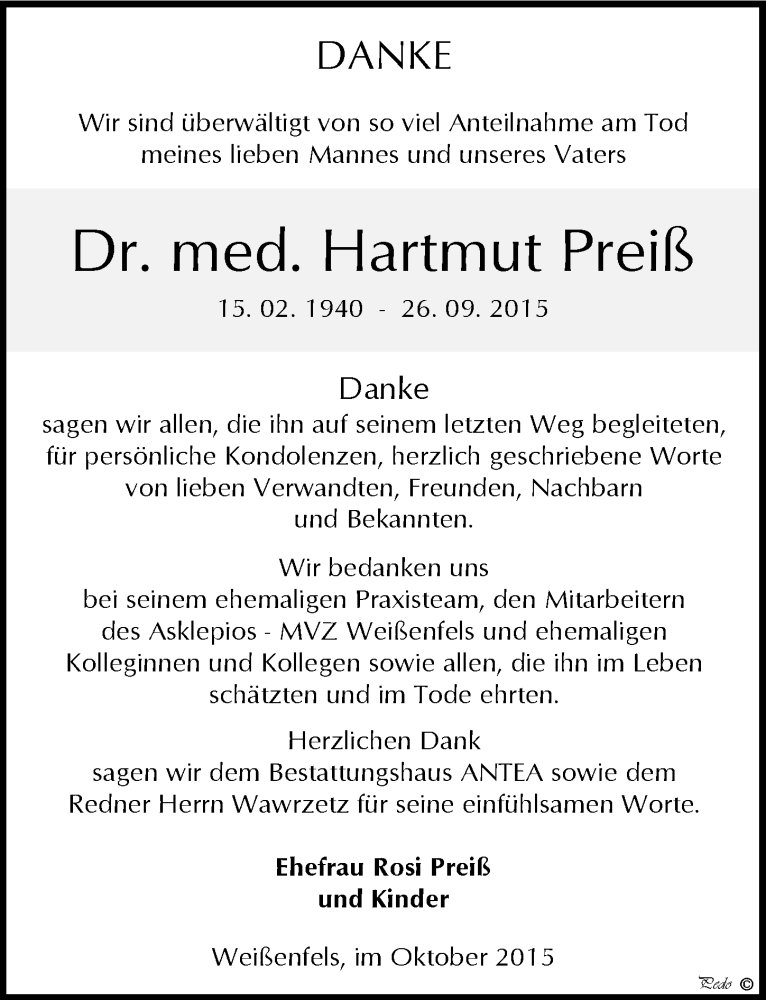  Traueranzeige für Hartmut Preiß vom 28.10.2015 aus Mitteldeutsche Zeitung Weißenfels