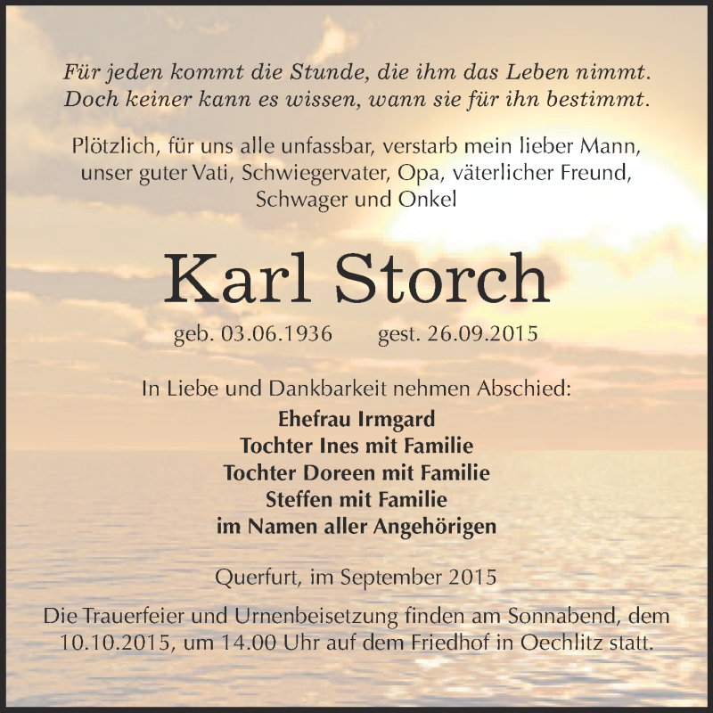  Traueranzeige für Karl Storch vom 03.10.2015 aus WVG - Wochenspiegel Merseburg