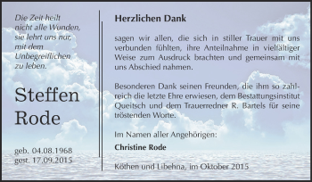 Traueranzeige von Steffen Rode von WVG - Wochenspiegel Dessau / Köthen