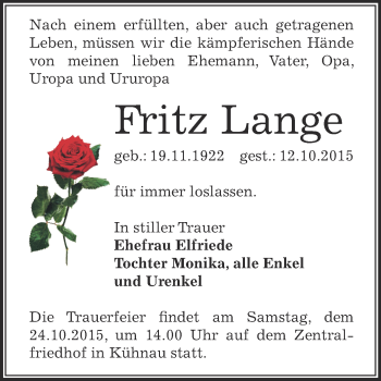 Traueranzeige von Fritz Lange von WVG - Wochenspiegel Dessau / Köthen