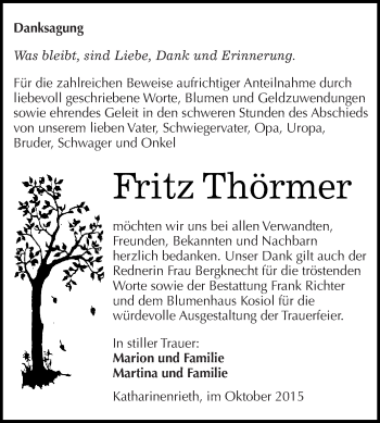 Traueranzeige von Fritz Thörmer von Super Sonntag SGH Mansf. Land