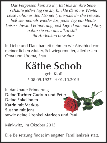 Traueranzeige von Käthe Schob von Super Sonntag Zeitz