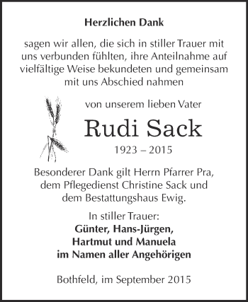 Traueranzeige von Rudi Sack von WVG - Wochenspiegel NMB / WSF / ZTZ
