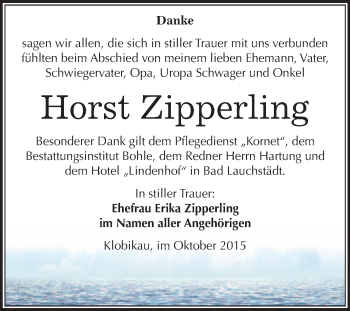 Traueranzeige von Horst Zipperling von WVG - Wochenspiegel Merseburg